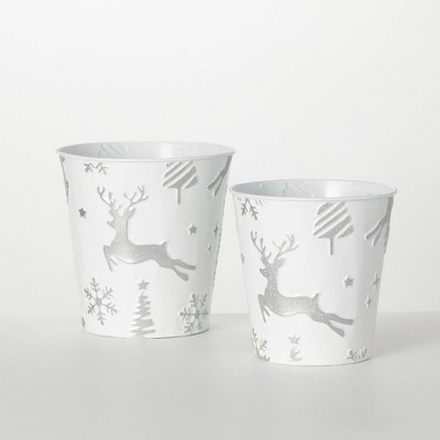7"H & 8"H Sullivans Christmas White Embossed Christmas Pails Set of 2, White-Silver, Indoor Christmas Decor