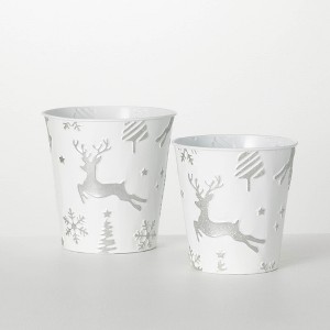 7"H & 8"H Sullivans Christmas White Embossed Christmas Pails Set of 2, White-Silver, Indoor Christmas Decor - 1 of 3