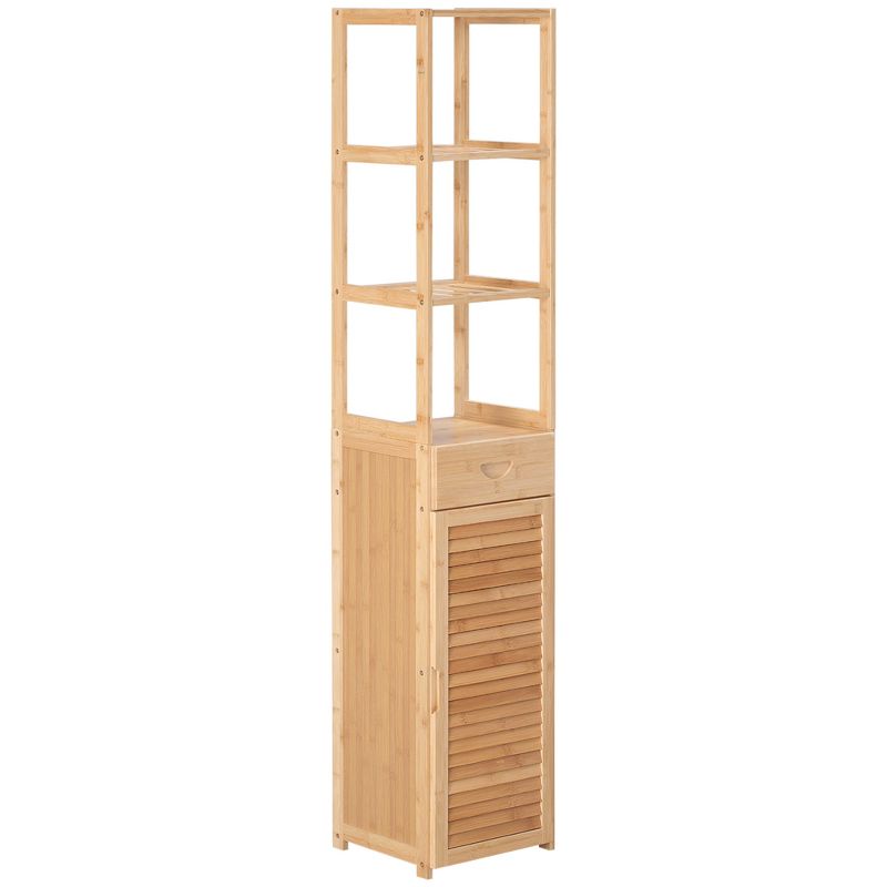 kleankin Tall Bathroom Cabinet with Drawer and Slatted Shelves, Slim Bamboo Linen Tower with Louvered Door, Natural, 5 of 8
