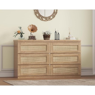 Natural Rattan Dresser for Bedroom, 6 Drawers Chest with Double Storage for Closet, Living Room, Hallway or Nightstand Use