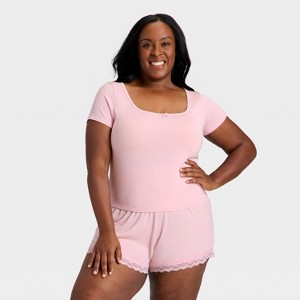 Women's Ribbed Short Sleeve Shirt and Shorts Pajama Set - Auden™ - 1 of 3