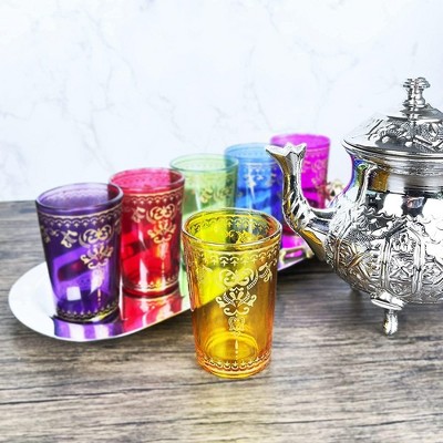 Handmade Moroccan Multicolor Glasses Set with Gold Accents - 6 Pack