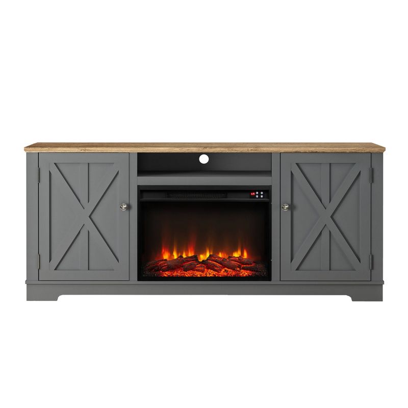 70&#34; Farmhouse Wooden TV Stand for TVs up to 75&#34; with Electric Fireplace Gray - Festivo, 4 of 12