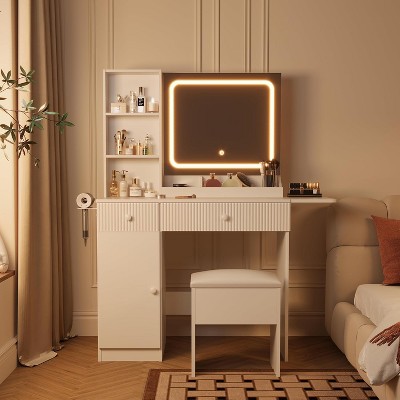 Vanity Desk with Mirror LED Lights, Power Outlet Makeup Vanity Table with Drawers and Storage Shelves Dressing Table for Bedroom Dressing Room