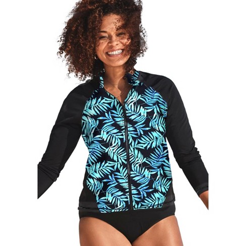 Swimsuits All Women's Plus Size Chlorine Resistant Front Long Sleeve Swim Shirt, 12 - Blue Green Palm : Target
