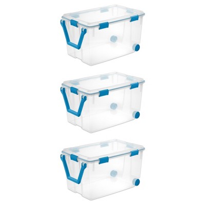 Sterilite 19434303 120 Quart Clear Plastic Storage Container Box and Lid with Blue Latches and Wheels (3 Pack)