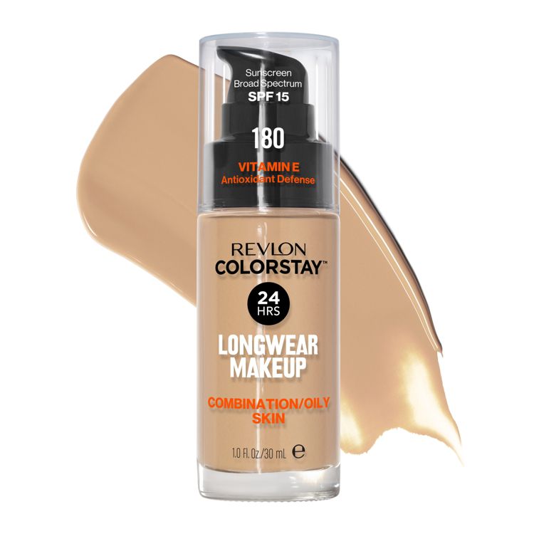 A bottle of Revlon ColorStay Longwear Makeup for combination/oily skin with SPF 15 and Vitamin E, labeled as shade 180, with a beige colored foundation swatch in the background.