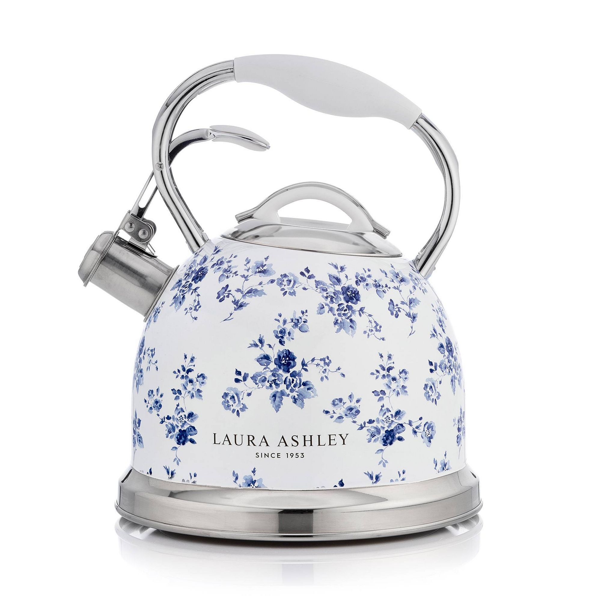 Laura Ashley Stovetop Kettle Rose: Stainless Steel, 101 oz Capacity, Rubber Handle, Blue, 1 Year Warranty