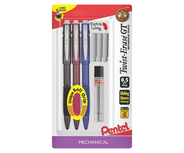 Pentel&#174; #2 Mechanical Pencils with Lead And Eraser, 0.5mm, 3ct - Multicolor
