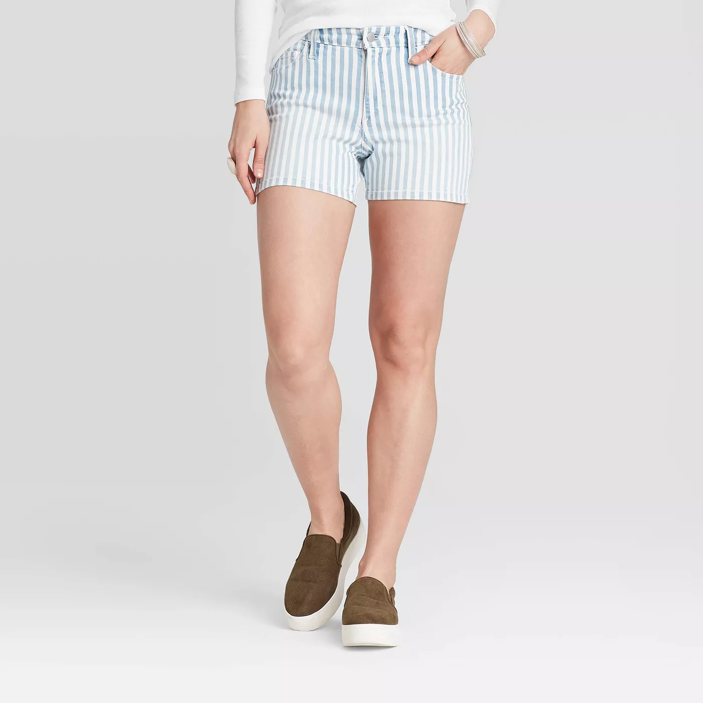 Women's High-Rise Stripped Jean Shorts - Universal Thread™ Light Blue - image 1 of 3
