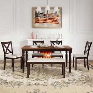 AMERLIFE Farmhouse 6-Piece Dining Table Set, Solid Wood Table, 4 Upholstered Chairs and Bench - 1 of 4