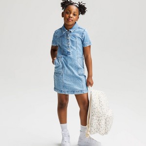 girls short sleeve dress Organic Cotton Short Sleeve Drop Waist Dress Navy / XS(4-5)