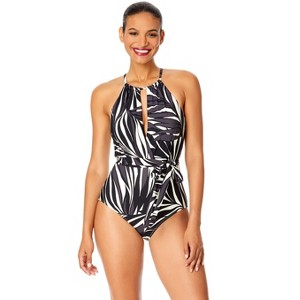 Women's Palm Chic High Neck Plunge One Piece Swimsuit - Palm Chic-14 - 1 of 4