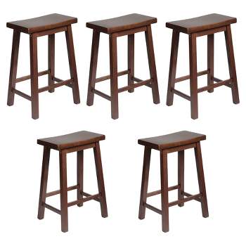 PJ Wood Classic Saddle-Seat 24'' Tall Kitchen Counter Stool for Homes, Dining Spaces, and Bars with Backless Seat, 4 Square Legs, Walnut (5 Pack)