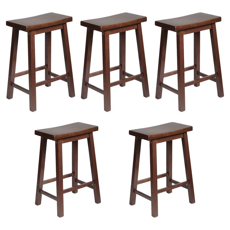 PJ Wood Classic Saddle-Seat 24'' Tall Kitchen Counter Stool for Homes, Dining Spaces, and Bars with Backless Seat, 4 Square Legs, Walnut (5 Pack), 1 of 7
