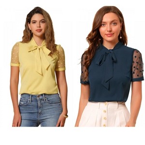 INSPIRE CHIC Women's Bow Tie V Neck Stand Collar Short Mesh Sleeve Blouse 2 Packs - 1 of 4