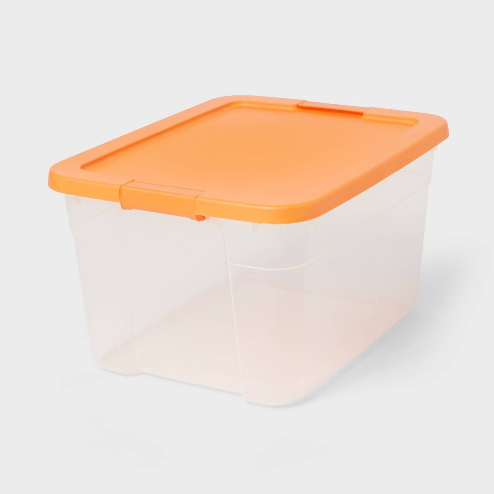 (6) 66qt Latching Clear Storage Bin with Lid Orange - Brightroom™: Portable Stackable Plastic Utility Tubs, 66 Volume (BID IS PER STORAGE BIN, LOT IS FOR 6 TOTAL.)