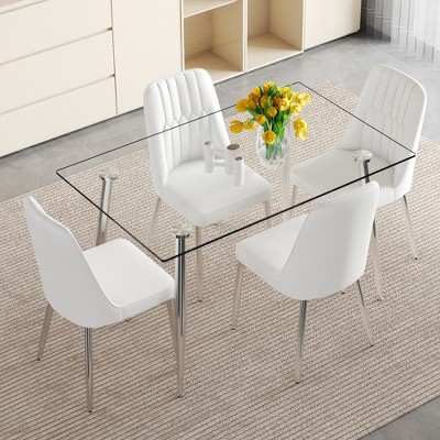 5-Piece Dining Set with Glass Table and 4 PU Armless Chairs