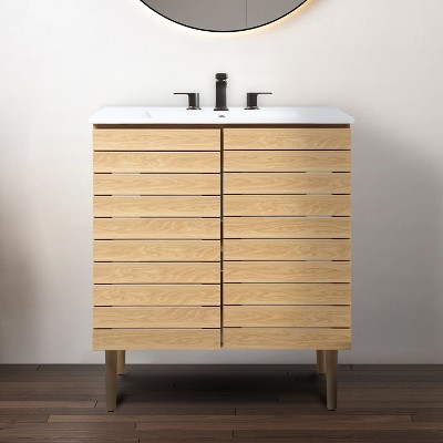 Aubert 30" Oak Slat Modern Farmhouse Bath Vanity Cabinet