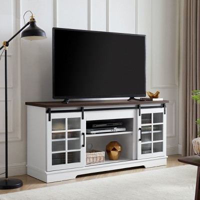 Grungis TV Stand for TVs Up to 65 Inch,Console Table with 2 Sliding Fluted Glass Tempered Doors for Living Room