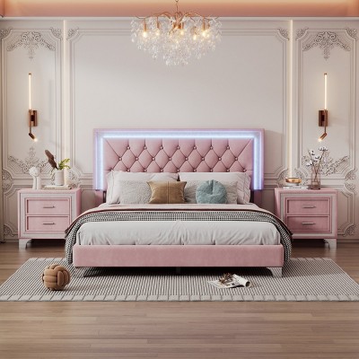 3-Pieces Bedroom Sets, Queen Size Bed With Led Lights, Two Nightstands With 2 Drawers For Each-Cuddlewood