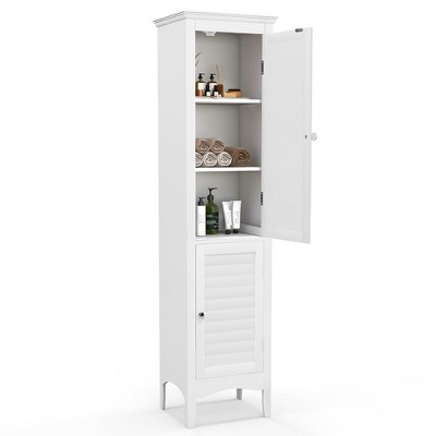 Image of Costway Tall Bathroom Floor Cabinet Narrow Linen Tower with 2 Doors & Adjustable Shelf