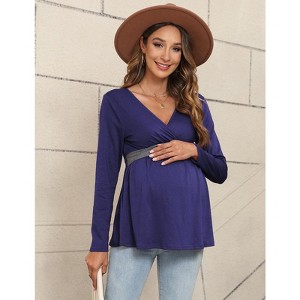 YesFashion Women’s Maternity Shirts Long Sleeve Nursing Tops V Neck Patchwork Breastfeeding Shirts Pregnancy Clothes - 1 of 4