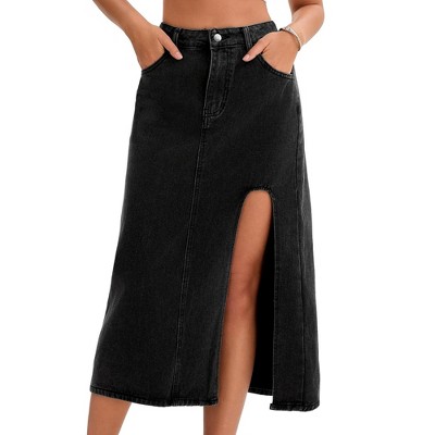 INSPIRE CHIC Women's Denim High Waist A-Line Thigh Split Midi Skirt