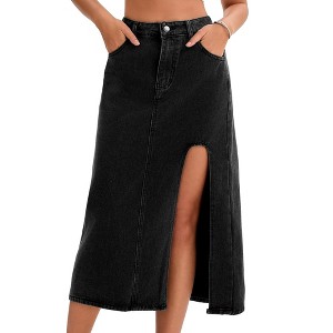 INSPIRE CHIC Women's Denim High Waist A-Line Thigh Split Midi Skirt - 1 of 4
