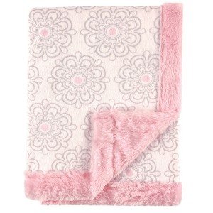 Hudson Baby Infant Girl Plush Blanket with Furry Binding and Back, Modern Floral, One Size - 1 of 1