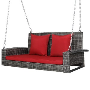 Costway 2-Person Patio PE Wicker Hanging Porch Swing Bench Chair with Cushion - 1 of 4
