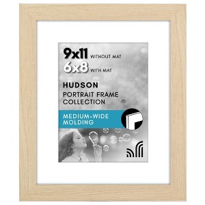 Americanflat 9x11 Picture Frame with Shatter-Resistant Glass - Use as 6x8 Frame with Mat or 9x11 Frame Without Mat - Hudson Collection - Natural Oak - 1 of 4
