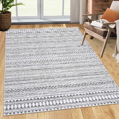 Boho Area Rug, Neutral Black Low Pile Washable Carpet, Non-Slip Non-Shedding Indoor Rug for Living Room, Bedroom, Kitchen, Bathroom