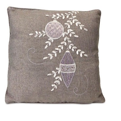 Diva At Home 15.5 Gray Christmas Ornament Embroidered Square Throw Pillow - Polyester