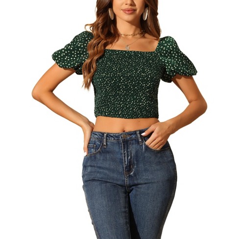 Allegra K Women's Puff Sleeve Floral Smocked Tops Crop Top Summer Casual  Blouse Green X-Small