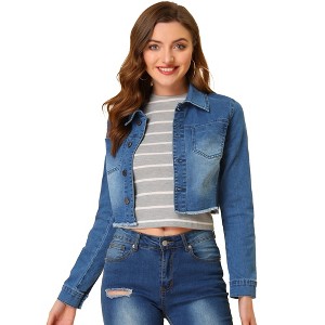 Allegra K Women's Turn Down Frayed Button Down Washed Cropped Denim Jacket - 1 of 4