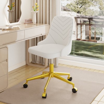 VECELO Velvet Accent Chair Ergonomic Swivel Office Desk Chair Vanity Chair with Golden Base & Adjustable Height Pink/White