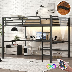 Queen Size Metal Loft Bed with Power Outlet & LED Lights, Space-Saving Desk + Noise-Reduced Design, Black/Off-White - CPC Certified - ModernLuxe - 1 of 4