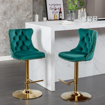 Velvet Swivel Bar Stools Set Of 2, Adjustable Bar Stools Counter-to-Bar Height Stools with Nailhead Trim, Tufted Back, Gold Legs-Maison Boucle