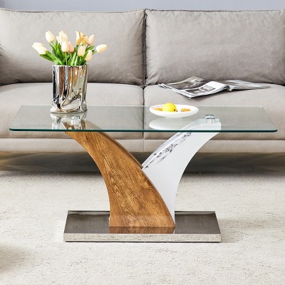 Round glass coffee table, 33.4 "design unique coffee table. Tempered glass countertop with patterned MDF legs. Suitable for living and dining rooms