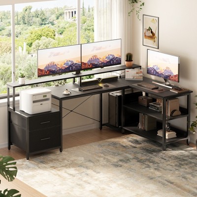 Aheaplus L-Shaped Computer Desk with Drawers and Monitor Shelf