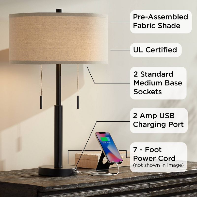 Franklin Iron Works Bernie Industrial Table Lamps 25" High Set of 2 Rich Bronze with USB Charging Port Tan Drum Shade for Bedroom Living Room Bedside, 4 of 10