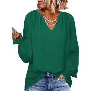 Zeagoo Casual Tops for Women 2023 Puff Long Sleeve Pleated V Neck Tunic Loose Fit Ladies Work Blouse - 1 of 4