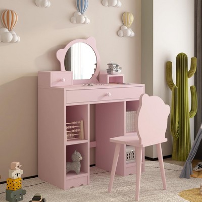 Kids Wooden Play Vanity Set with Vanity Table, Mirror, Storage Drawer & Shelves, and Matching Stool, Pink