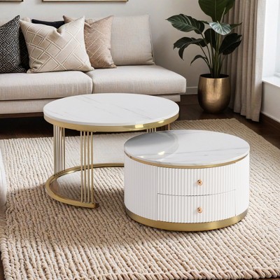 Modern 2 Pieces White Round Nesting Coffee Table with Drawers in 27.6'' - Leovsnove