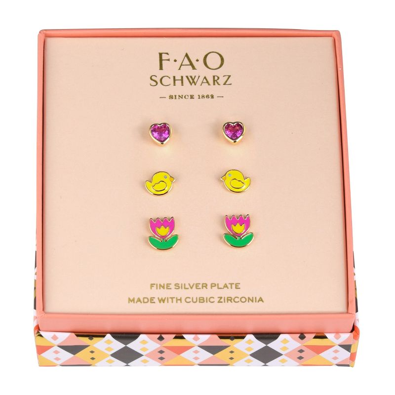 FAO Schwarz Silver Tone and Multi Color Enamel and Stone Heart, Chick and Flower Stud Earring Set, 2 of 4