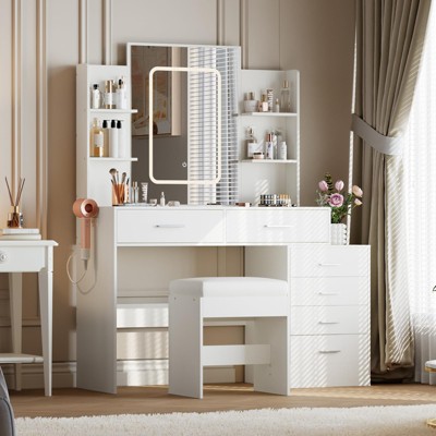 Vanity Desk with Mirror, LED Lights, Power Outlet, Makeup Vanity Table with 6 Drawers