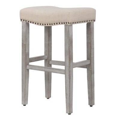 Beige Upholstered Saddle Seat Bar Stools, Set of 2