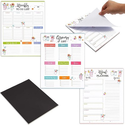 Set of 3 Magnetic Notepad Note Pads, Weekly to-Do-List, Grocery List & Meal Planner in Floral Designs, 9.5 x 7.5 inches