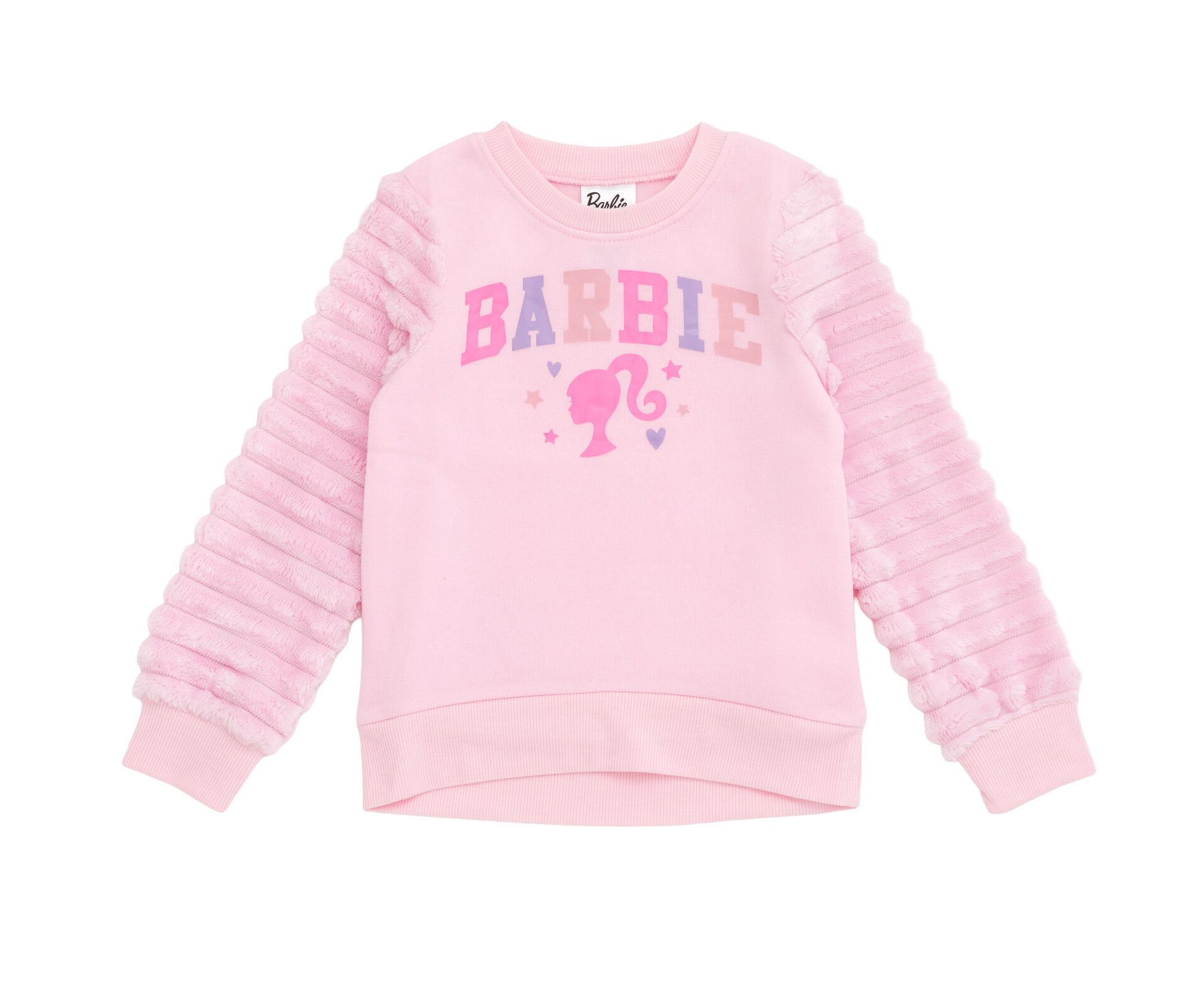 Barbie Little Girls Fleece Pullover Sweatshirt with Faux Fur Sleeves Pastel Pink 6